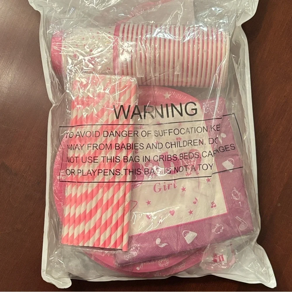 Brand New Baby Shower Party Supplies Plates Cups Napkins for 24 Guests Pink Girl